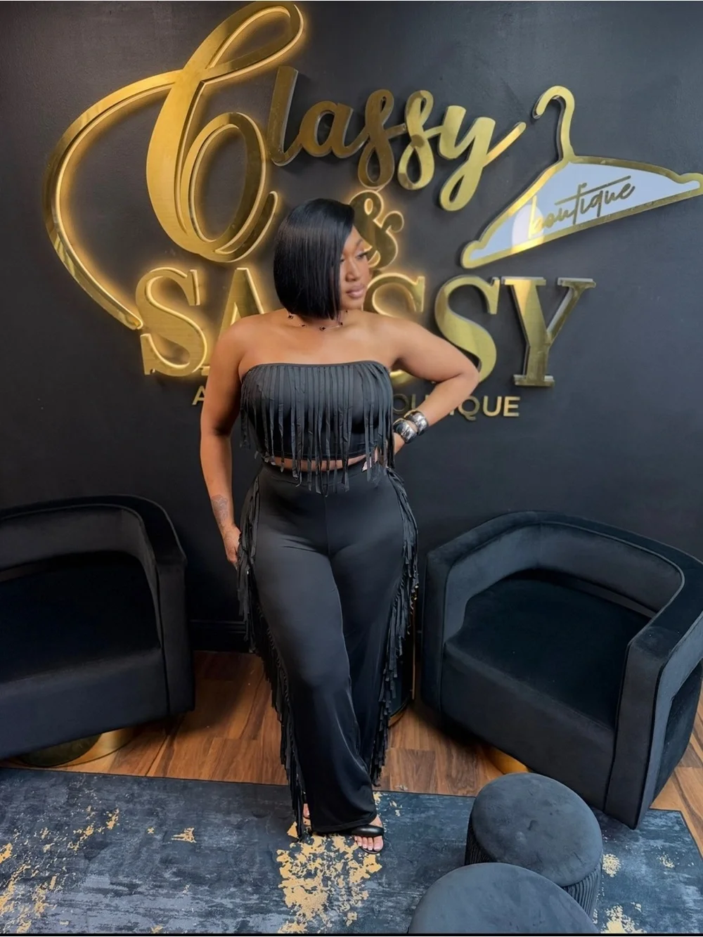 Fringed Strapless Crop Top & Wide-Leg Pants Set - Black